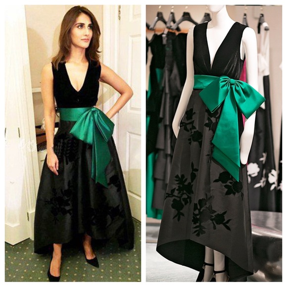 Sachin + Babi Noir hi lo velvet embossed large bow gown  black size 2 - Picture 2 of 6